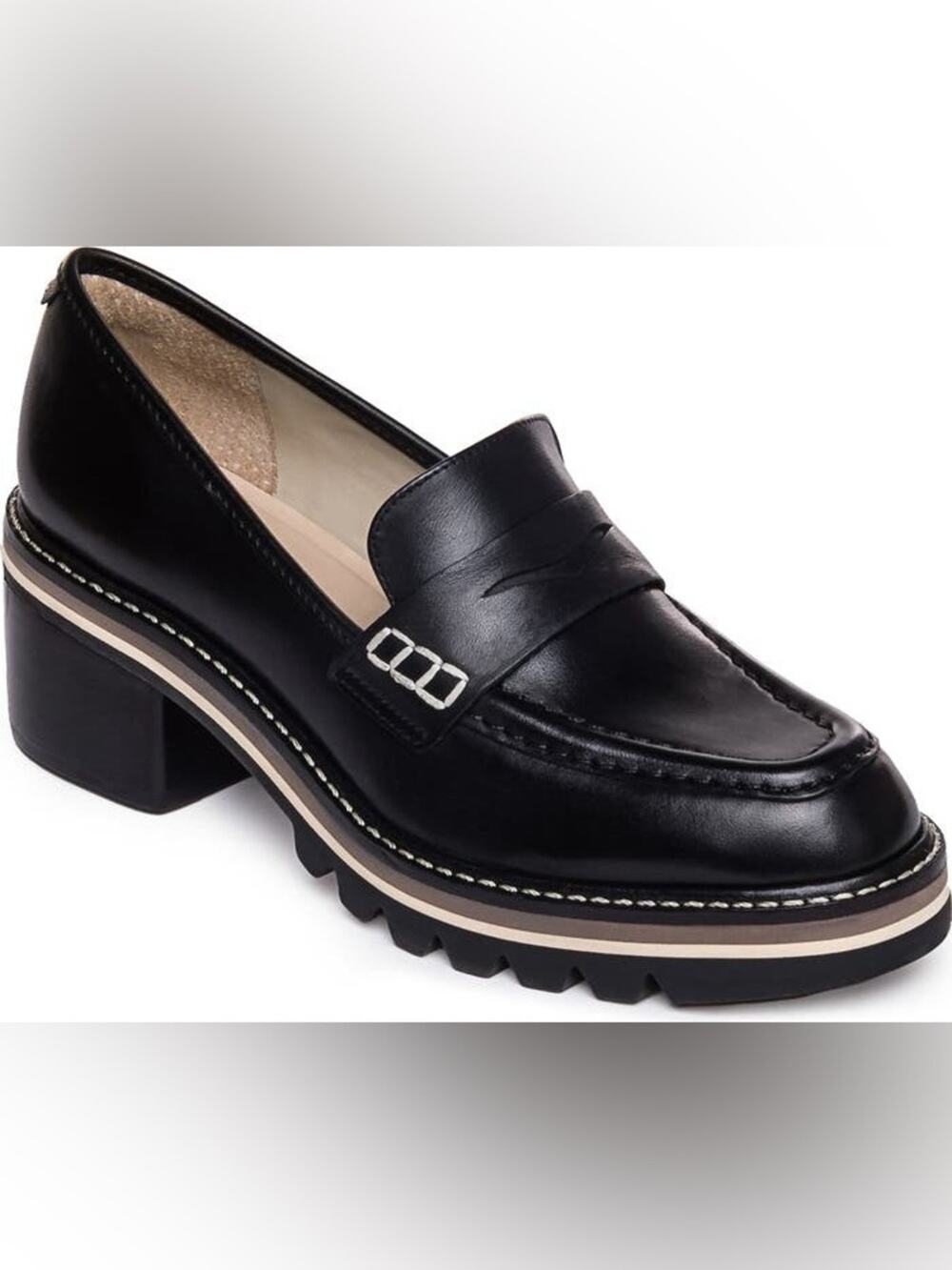 Bernardo Selma Black Lug Sole Penny Loafers Block Heel Leather Slip-Ons Sz 7.5